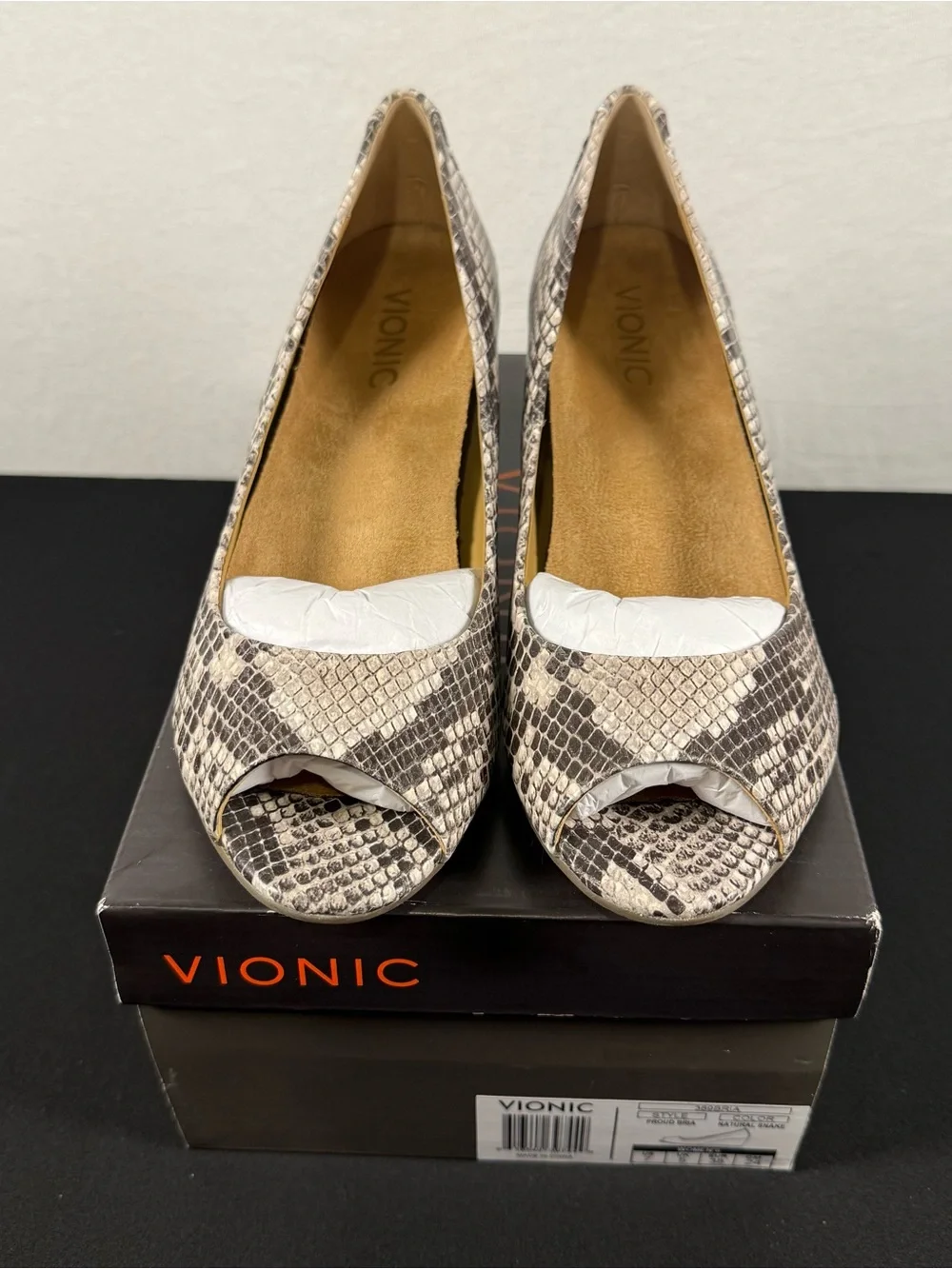 Vionic - Bria Natural Snake Peep Toe Wedge Stacked Heel NIB Size 7 MSRP $130